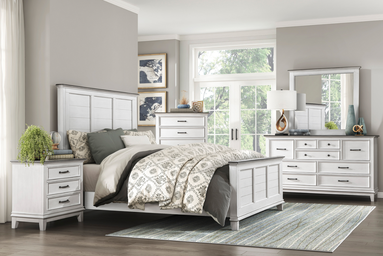 Chesterton Collection bedroom set in antique white with dark tops