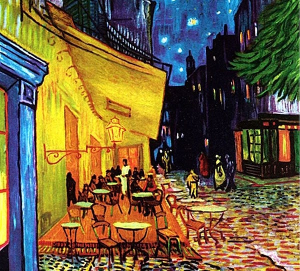 Café Terrace at Night” (Terraço do Café à Noite, 1888), Vincent van Gogh                                                                 No terraço aceso de Van Gogh, a noite não é apenas escuridão, é também abrigo. O amarelo quente do café rasga o azul profundo do céu como um gesto que chama em silêncio. Há ali uma promessa de continência, um lugar onde o corpo pode pousar por instantes, onde o frio do mundo encontra uma borda. Como o café suspenso, essa luz não pergunta quem chega, apenas oferece. É o cuidado que não faz ruído, o amparo que não exige rosto, a delicadeza que sustenta quando tudo ao redor parece vasto demais. No terraço aceso de Van Gogh, a noite não é apenas escuridão, é também abrigo. O amarelo quente do café rasga o azul profundo do céu como um gesto que chama em silêncio. Há ali uma promessa de continência, um lugar onde o corpo pode pousar por instantes, onde o frio do mundo encontra uma borda. Como o café suspenso, essa luz não pergunta quem chega, apenas oferece. É o cuidado que não faz ruído, o amparo que não exige rosto, a delicadeza que sustenta quando tudo ao redor parece vasto demais.