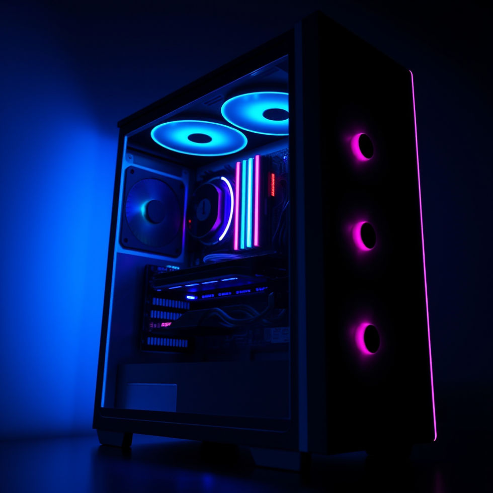 Modern desktop PC with glowing RGB lights, RAM modules highlighted, SSD upgrade concept, m