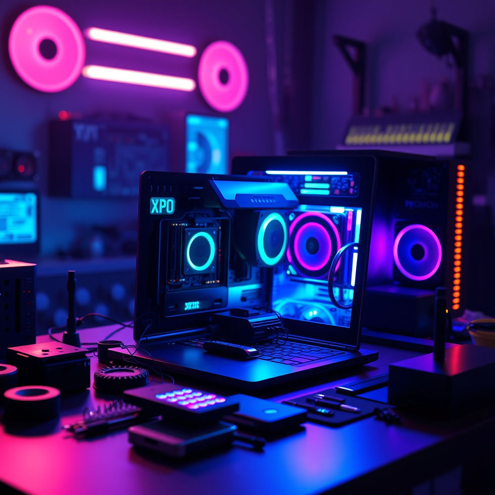 Ultra realistic 3D modern computer repair workspace, glowing RGB desktop setup, open lapto