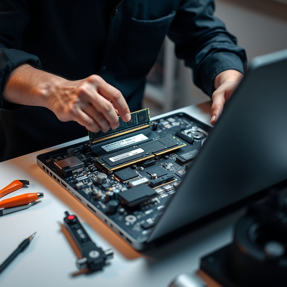 A professional technician upgrading a laptop with visible RAM and SSD components on a clea