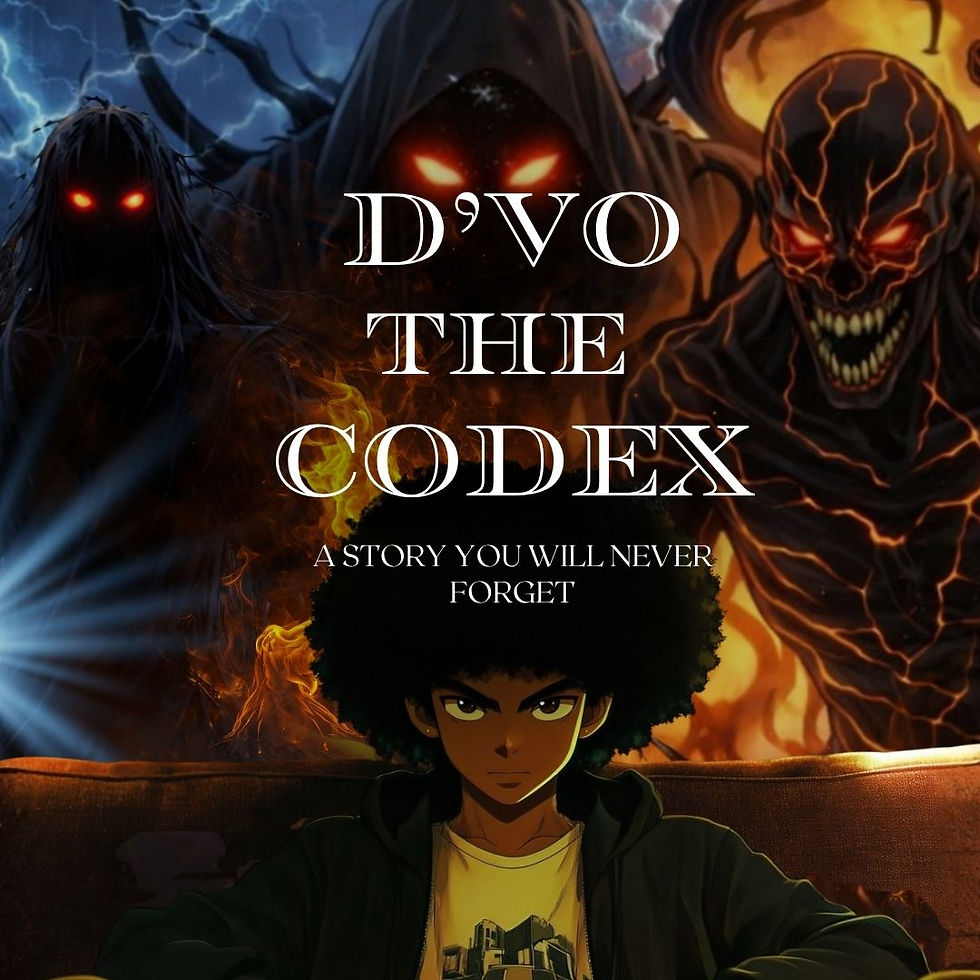 Dark figures with glowing eyes and fire surround a serious character. Text reads, "D'VO THE CODEX: A STORY YOU WILL NEVER FORGET."