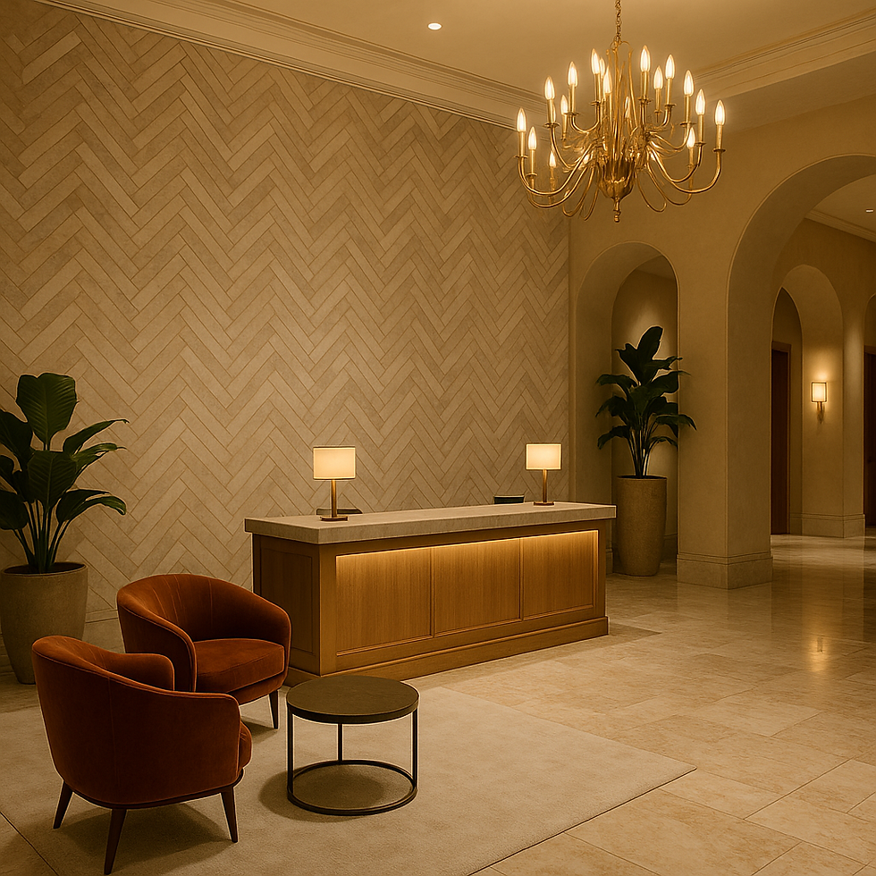 Thumbnail: Luxury Tumbled Marble Herringbone Mosaic Tile Hotel Scene