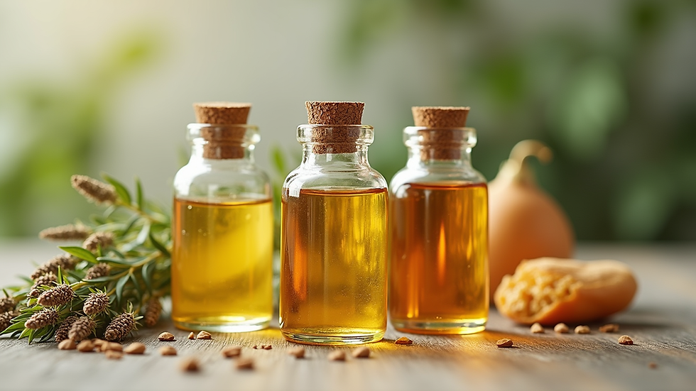 Close-up view of natural plant extracts in glass bottles