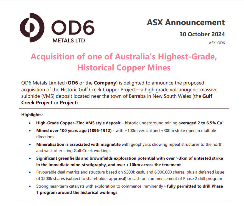 Figure 2: The OD6 Metals announcement highlights. (Source: OD6Metals Ltd)