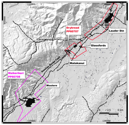 Figure 1: Location of areas sampled within Drybread (PP60707) and Waikerikeri (PP60708) Prospecting Permits in Central Otago, NZ. (source: CLE) | samso News