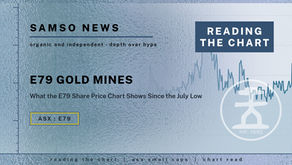 Samso News, Reading the Chart. E79 Gold Mines (ASX: E79), what the E79 share price chart shows since the July low, over E79's two-year share price.