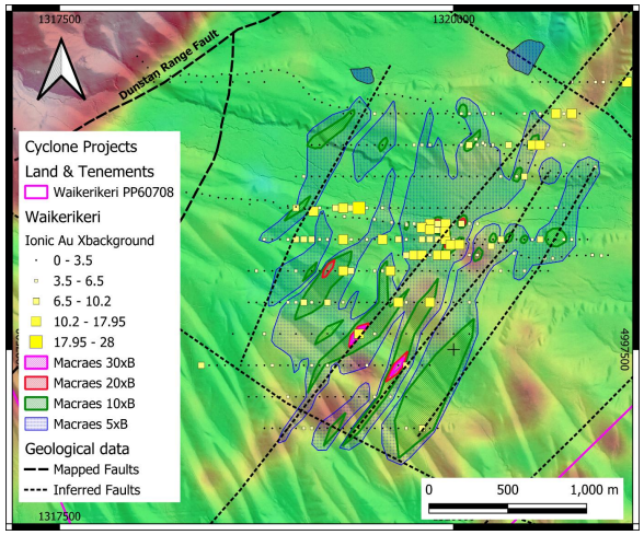 Figure 3: Gold and Pathfinder geochemical responses overlaid on 390Hz resistivity and Lidar topography imagery at Moutere within Waikerikeri PP60708. (source; CLE) | Samso News