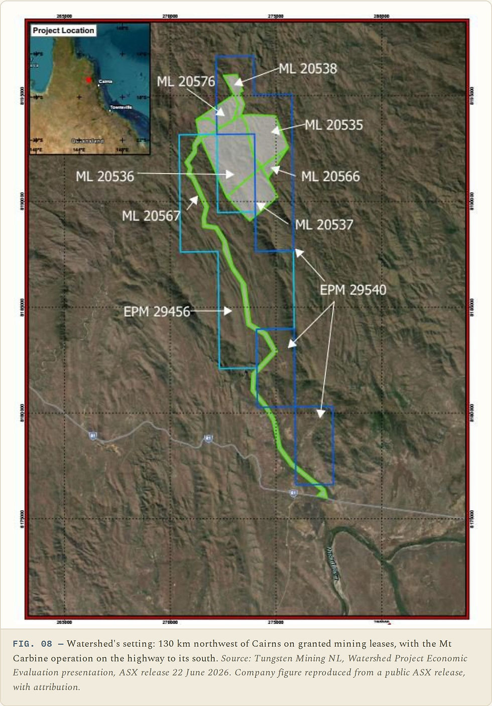 FIG. 08. Tungsten Mining NL tenement map of the Watershed scheelite project 130 km northwest of Cairns, showing the granted mining leases and exploration permits over the deposit.