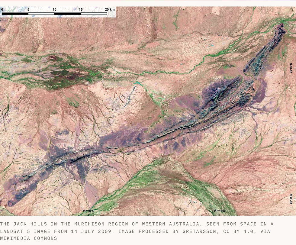 A contrast-enhanced Landsat satellite image of the Jack Hills in Western Australia, a long narrow ridge running through dry country. Caption: The Jack Hills in the Murchison region of Western Australia, seen from space in a Landsat 5 image from 14 July 2009. Image processed by Gretarsson, CC BY 4.0, via Wikimedia Commons