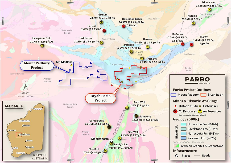 Location map of the Mount Padbury and Bryah Basin projects near Meekatharra, Western Australia, with neighbouring deposits, reproduced from the Parbo Resources prospectus.