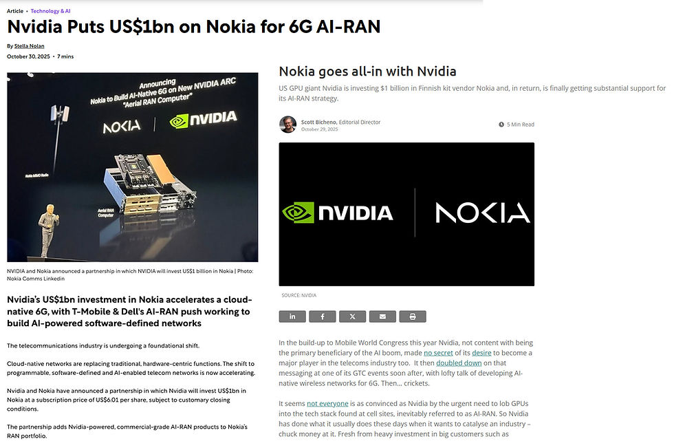 Nokia and NVIDIA annoucne thier partnership that could make the two tech giants as leaders of the future generational communication and technological revolution. (source Telco Magazine and Telecoms.com)