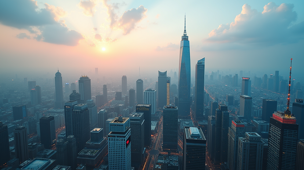 High angle view of a bustling city skyline in an emerging market