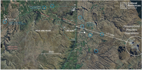 Figure 2: Cap Burn Project location ~11km from OceanaGold Macraes Gold Operations with major and minor interpreted structures. (source: CRR) | Samso News
