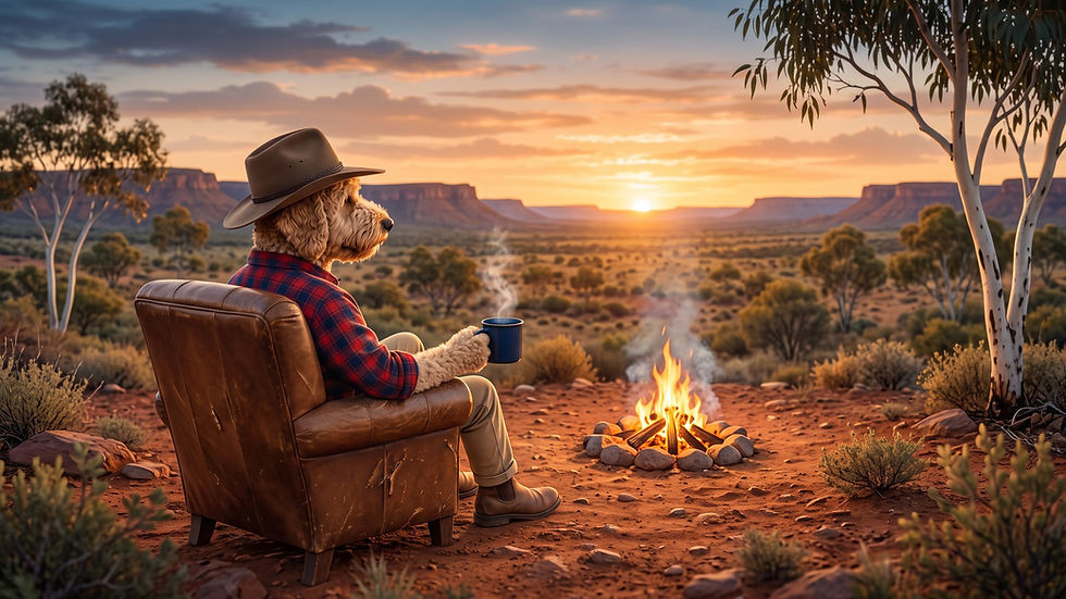 Samso, a cream labradoodle in an Akubra and a red checkered flannel shirt, sits in a worn leather armchair on red dirt with a blue enamel mug, looking past a campfire to the sun setting over flat-topped ranges.