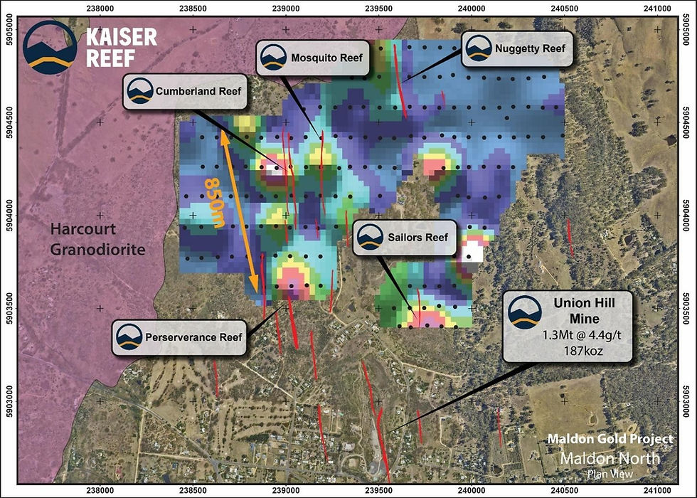 Figure 5: Maldon North soil sample locations with gridded gold percentile results and mapped quartz veins. (Source: Kaiser Reef ASX announcement dated 18 May 2026)