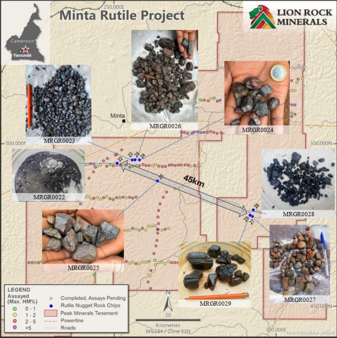 Figure 3: Map of Minta Project area showing locations of rutile nugget rock chips, with inset photos. Refer Appendix 2 for further information. (source: LRM) | Samso News