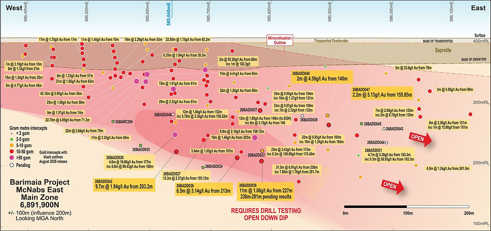 West to east long section through the McNabs East Main Zone at 6,891,900N showing drill intercepts as coloured dots and labelled boxes within a pink mineralisation outline, with red arrows marking where the system is open