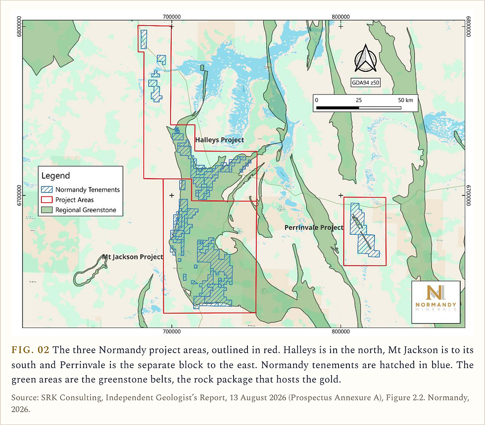 FIG. 02. Map of the three Normandy project areas outlined in red, with Halleys in the north, Mt Jackson to its south and Perrinvale as a separate block to the east. Normandy tenements are hatched in blue over green greenstone belts. Scale bar 50 kilometres.