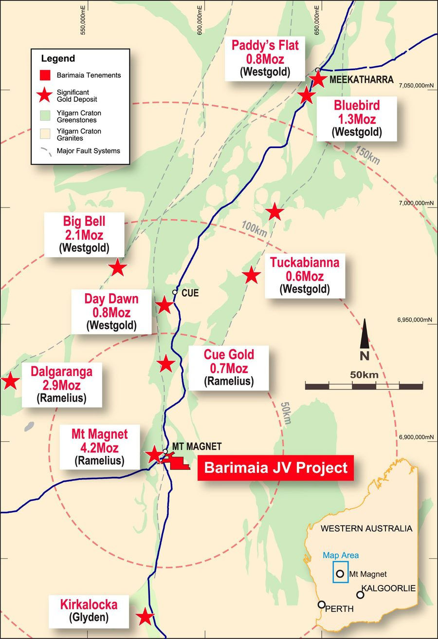 Regional map of the Murchison district showing the Barimaia JV Project at Mount Magnet with surrounding gold deposits including Mt Magnet, Cue Gold, Dalgaranga, Big Bell and Day Dawn