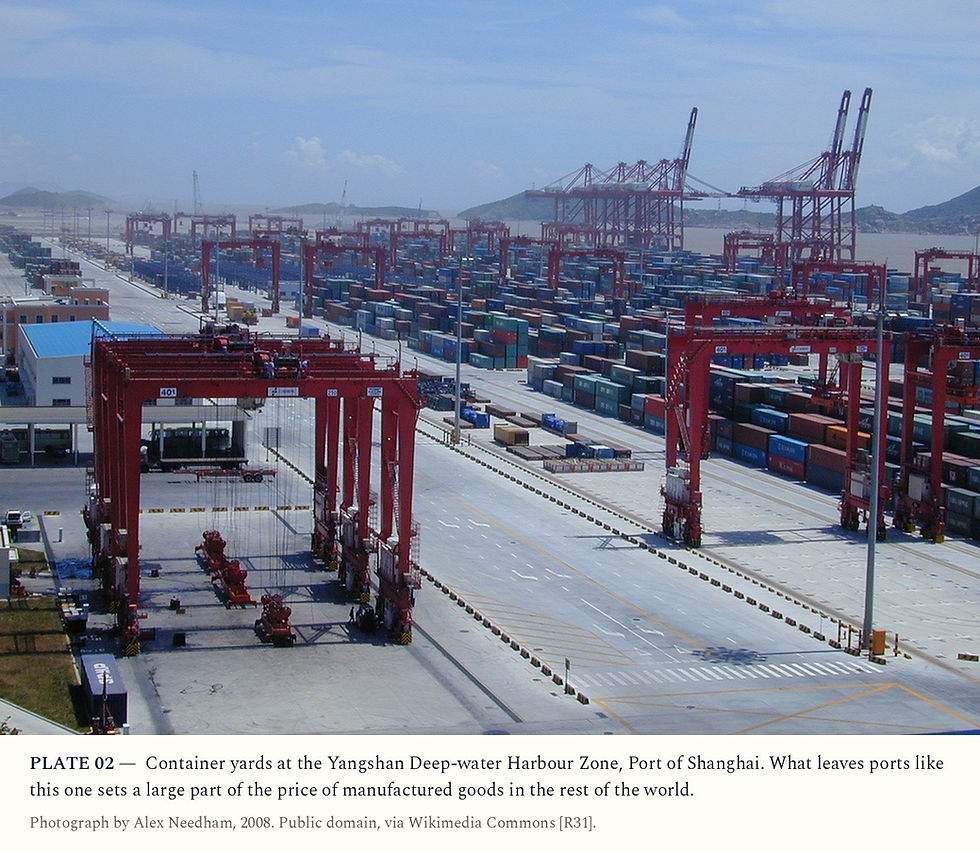 PLATE 02. Red gantry cranes and rows of shipping containers at the Yangshan Deep-water Harbour Zone, Port of Shanghai, in daylight.
