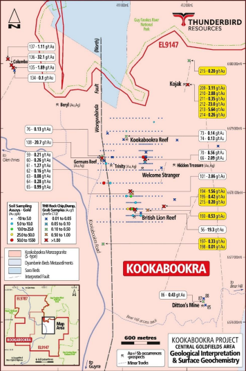Figure 8: Central Goldfields area - Geology and surface geochemistry (Au) (new assay results highlighted in yellow) (source: THB) | Samso News