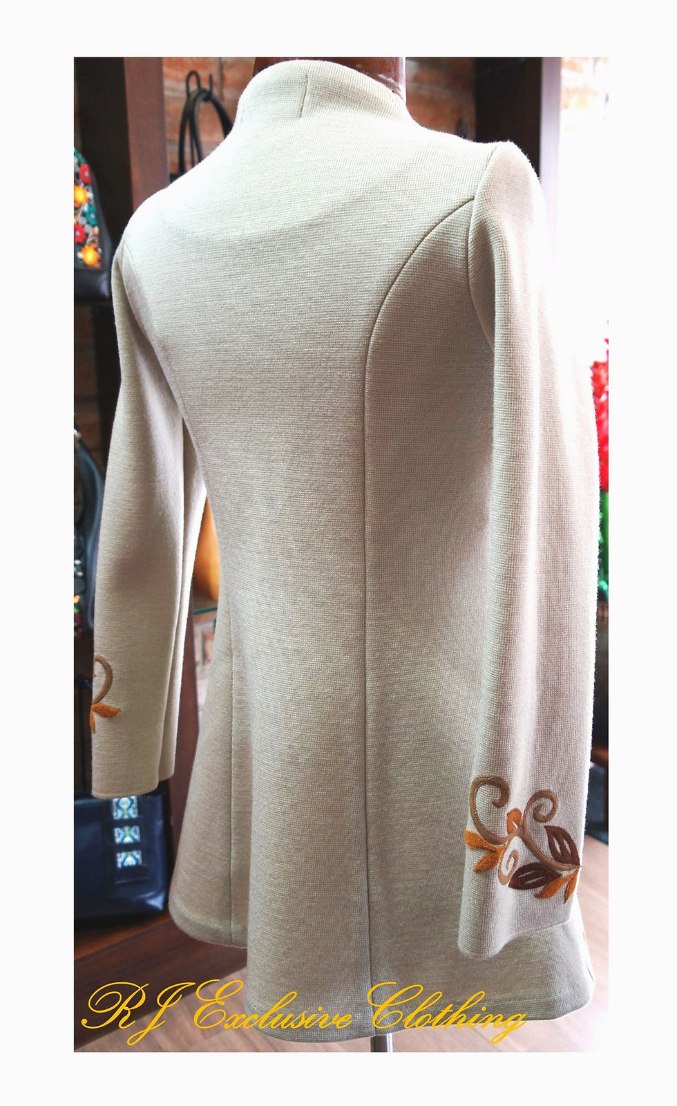 Thumbnail: Coat long wool, beige color with brown-gold flowers