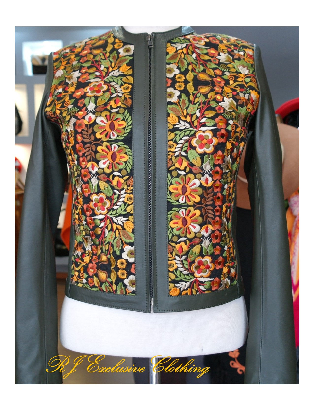 Leather jacket green with colorful flowers