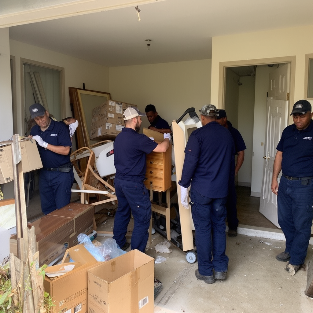 Property cleanout: professional workers in matching navy uniforms