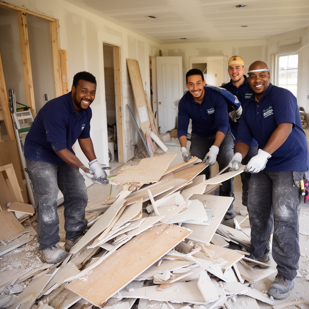 Renovation debris: professional workers in matching navy uniforms