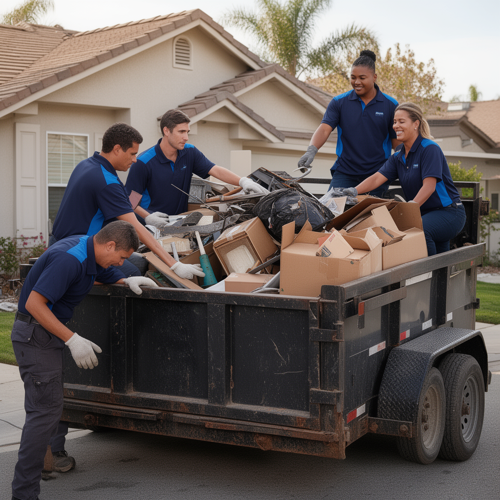 Household junk removal: professional workers in matching navy uniforms