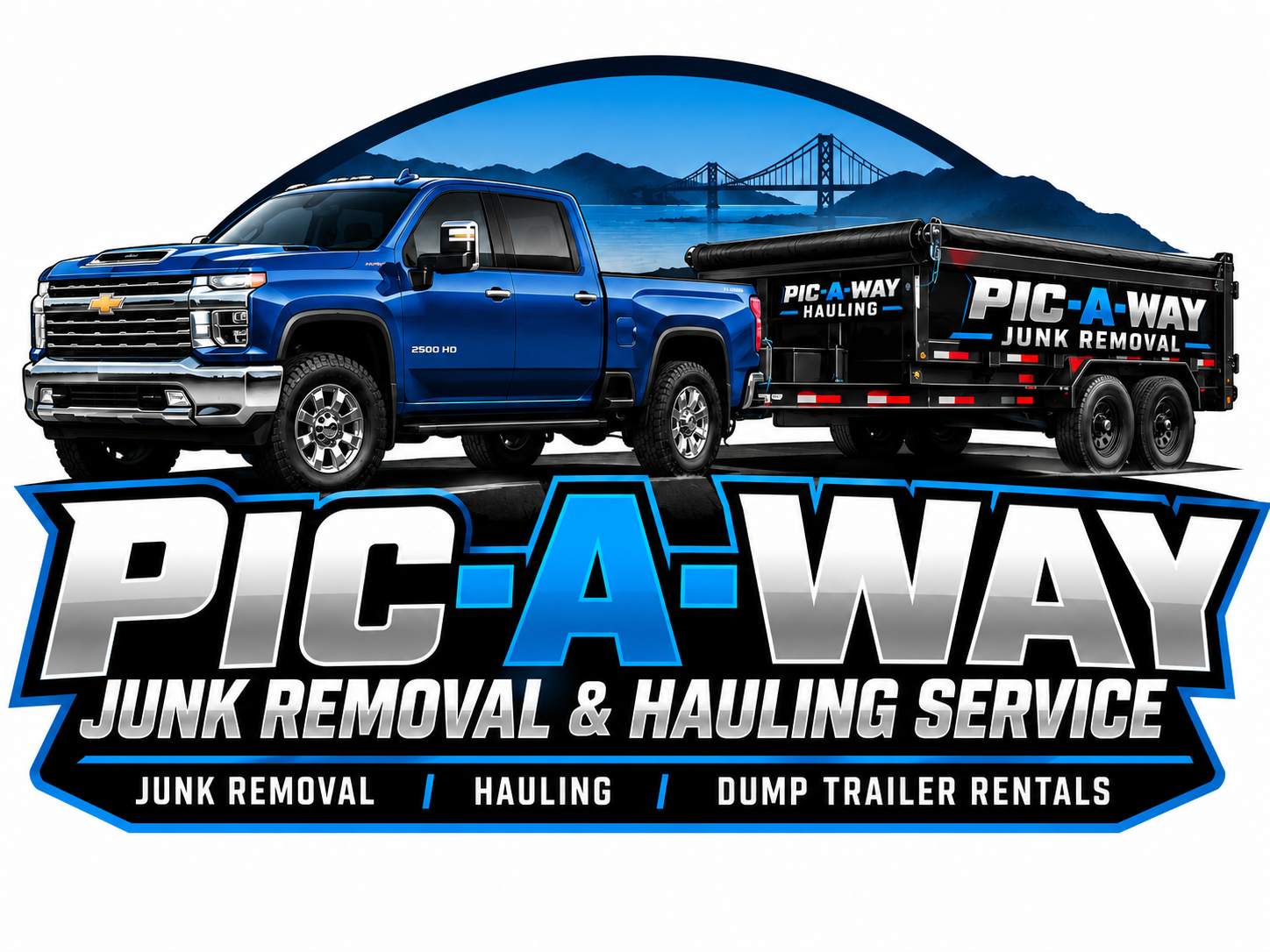 PIC-A-WAY Silverado pulling a PIC-A-WAY branded junk removal dump trailer