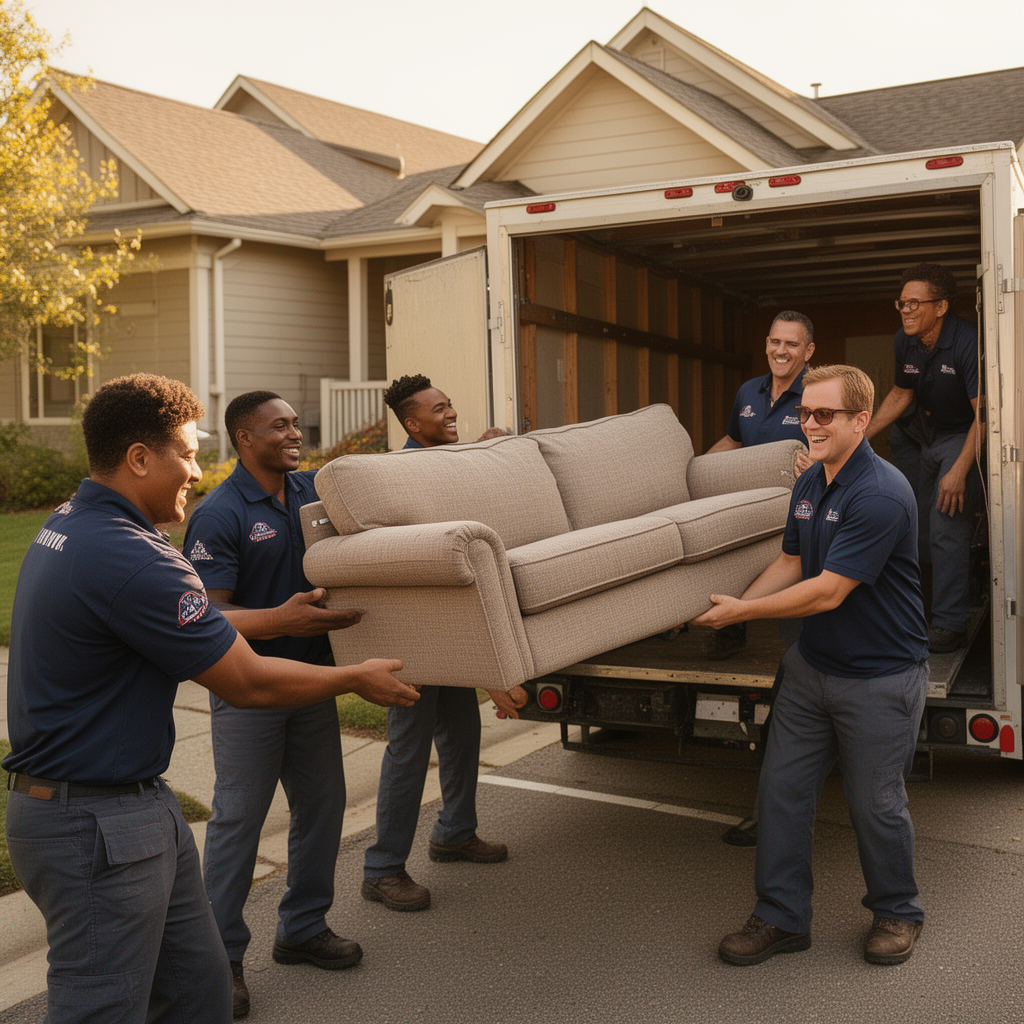 Furniture and bulky items: professional workers in matching navy uniforms