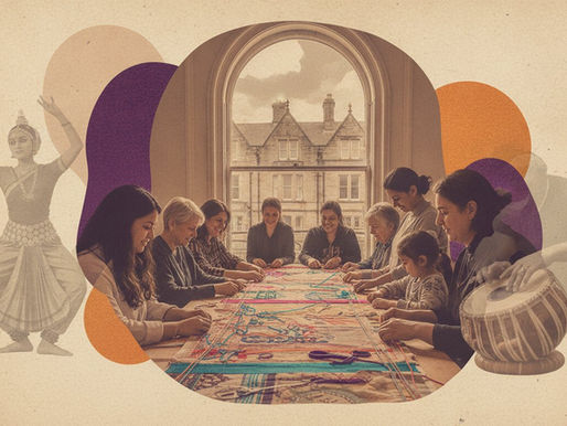 group of people working together to create a tapestry of shared stories