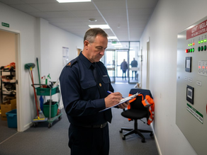 Fire inspector reviewing commercial fire alarm panel