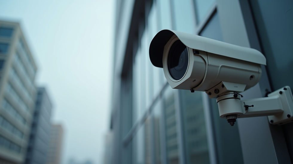 Close-up view of CCTV camera mounted on a commercial building exterior