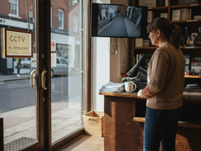 Shop owner reviewing CCTV business feed