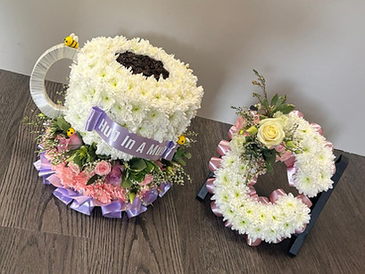 teacup and letter floral tribute funeral