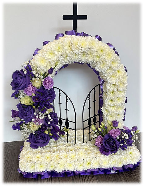 embedded floral gates of heaven funeral tribute
