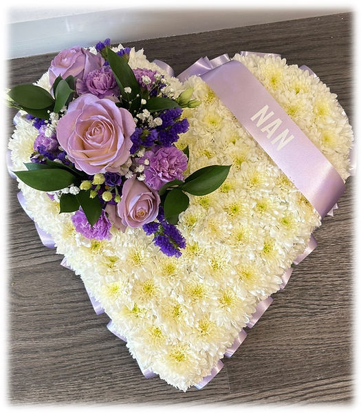 lilac and white embedded floral heart tribute