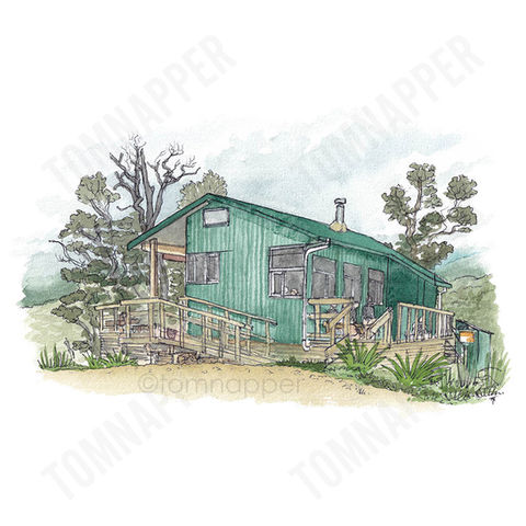 A plein air, pen and wash watercolour painting of Pororari Hut. Paporoa Great Walk, South Island, New Zealand. A large green backcountry hut.