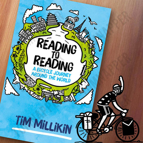 A blue and green illustrated book cover, featuring a cartoon style globe. Around the globe are all the major landmarks that Tim visited.