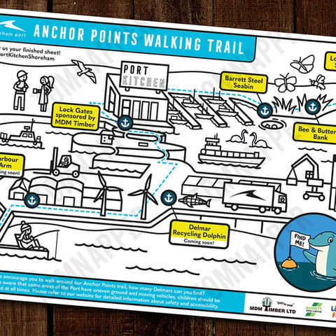 A colouring sheet of Shoreham Port, featuring all the major buildings, dolphins, ships and wind turbines.