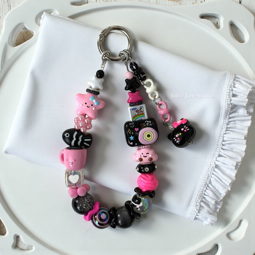 Chunky Kawaii Pink & Black Wristlet Phone Strap | Jadey Jane Studio