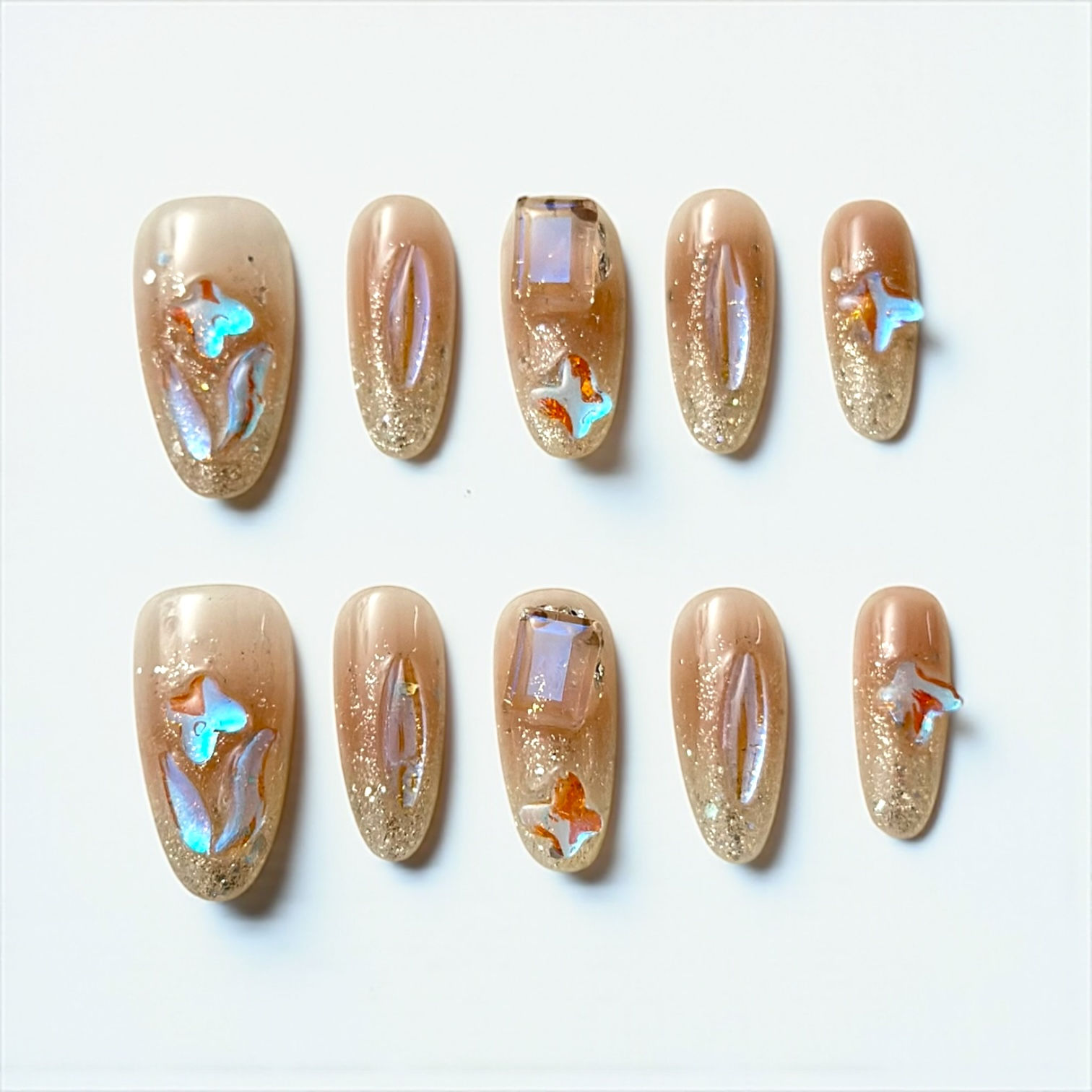 Gold shimmer AB crystal round short press-on nails