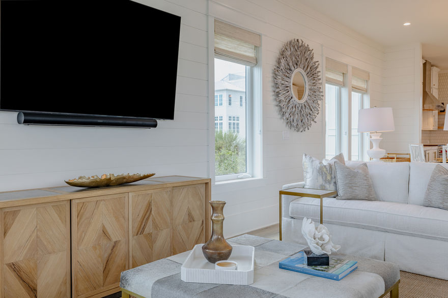 Beachy White Modern Living Room with touches of wood accents 