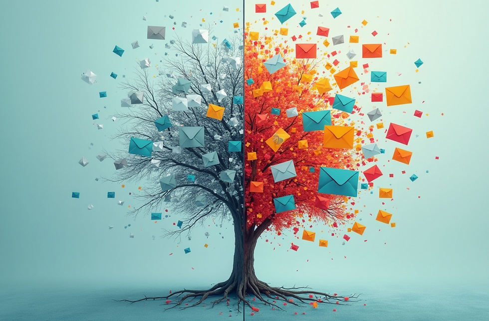 A surreal tree split in half, with one side barren and grey and the other vibrant with red-orange leaves. Colorful envelopes 