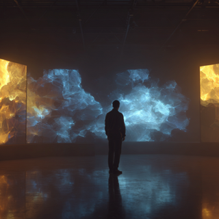 Man in front of a curved screen