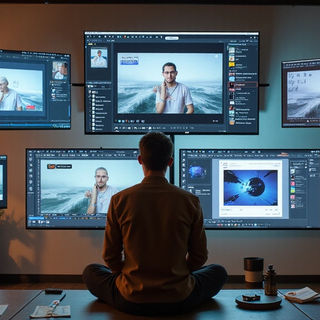 A photorealistic AI-generated character sitting in a digital studio space, reviewing video clips on multiple floating screens, surrounded by brand elements, product mockups, and moodboards. Style is polished and cinematic. Lighting is soft and natural, with warm accents.