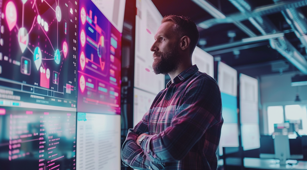 Man in plaid shirt observes vibrant digital screens in a tech-filled room, analyzing data with focused expression.